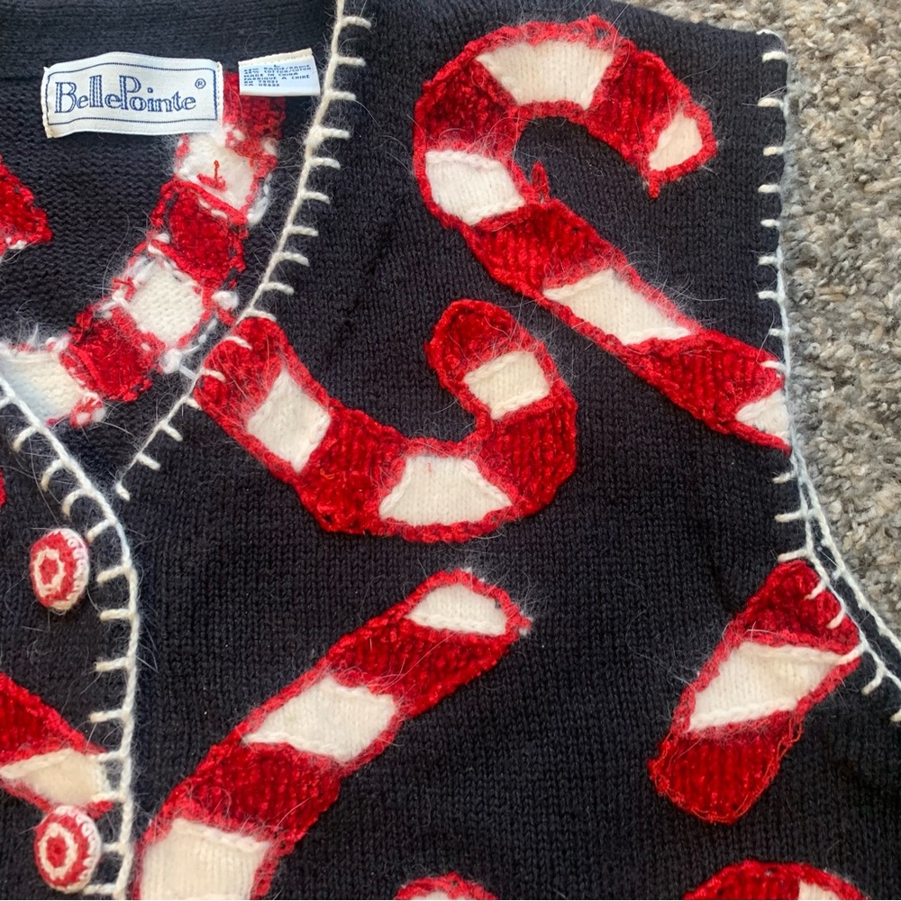 Belle Pointe VTG Ramie Button Front Embellished Candy Cane Christmas Vest - Picture 3 of 15
